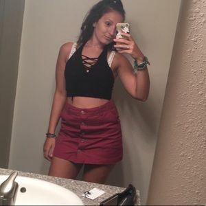 maroon denim skirt